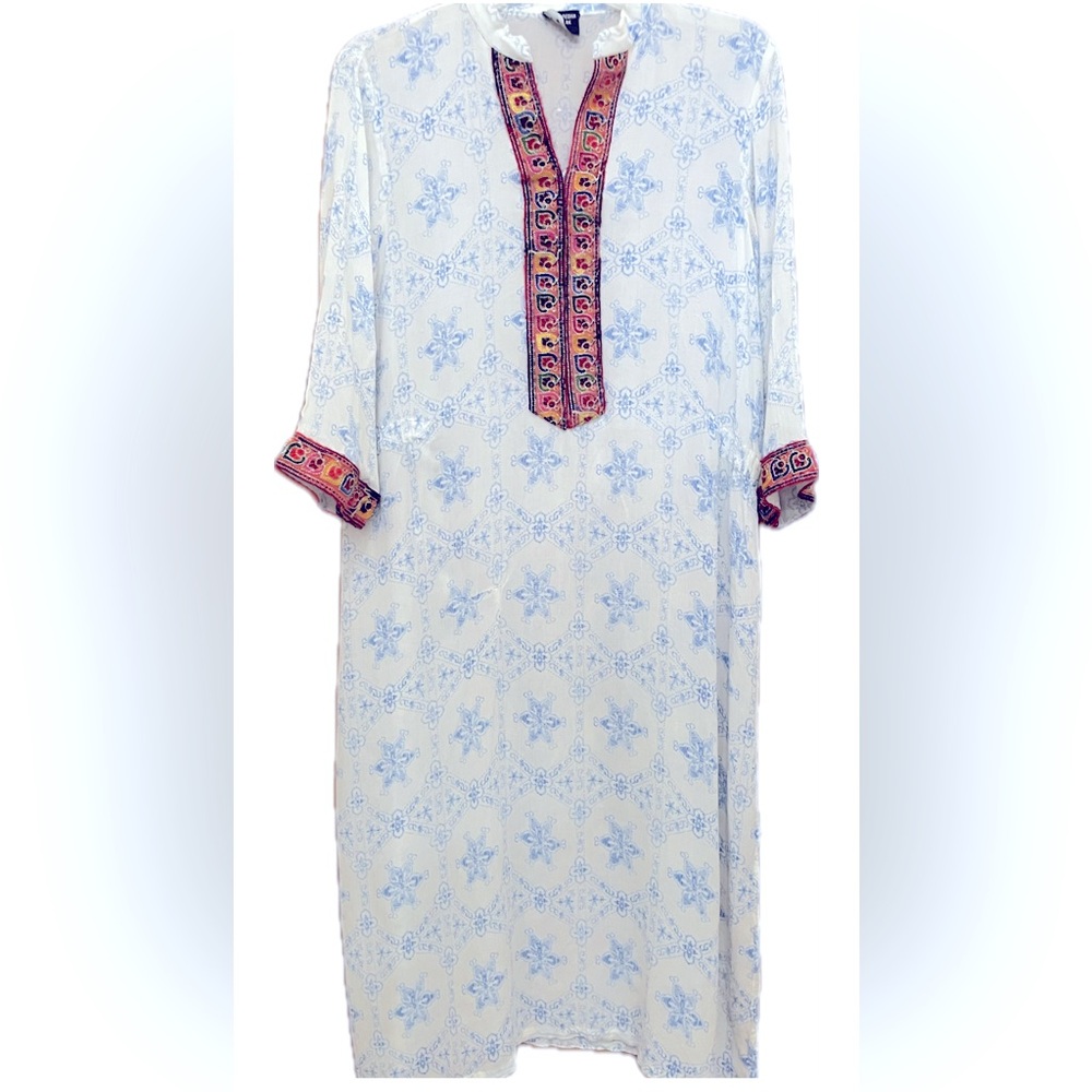 Embroidered White and Blue maxi cover up top